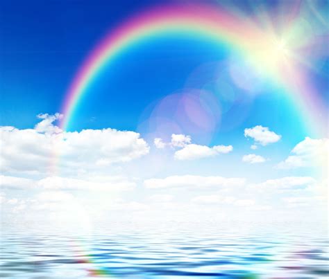 Blue Sky Background With Rainbow And Reflection In Water Cool Digital