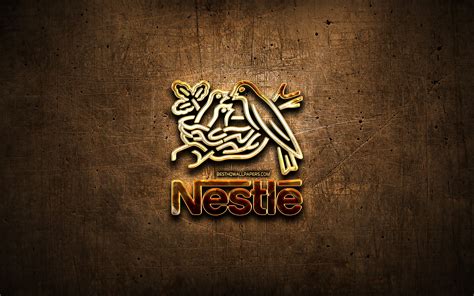 Download Wallpapers Nestle Golden Logo Artwork Brown Metal Background