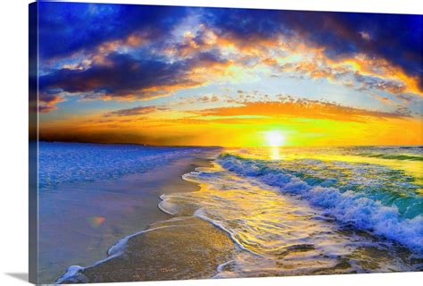 Beautiful Orange Ocean Sunrise Waves Photography Wall Art Canvas