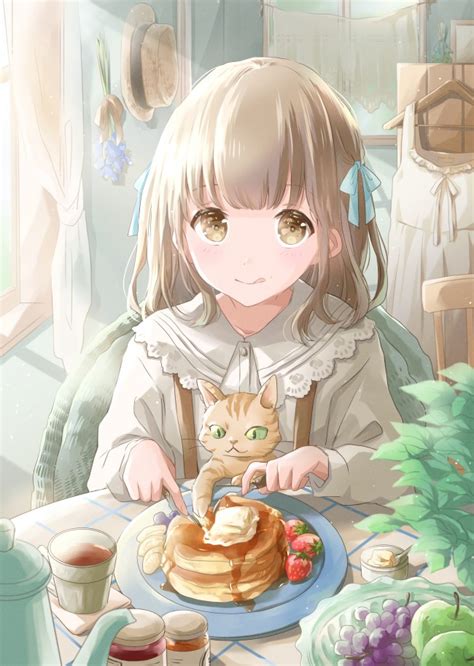 Wallpaper Cute Anime Girl Eating A Pancake Cat Neko Cafe Ribbon