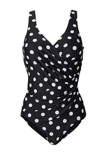 Vintage Black V Neck Polka Dots Print Ruched One Piece Swimsuit