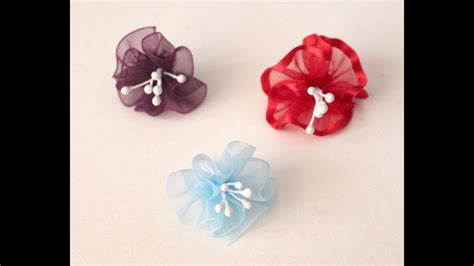 How To Make Chiffon Ribbon Flowers With Stamens Youtube Ribbon