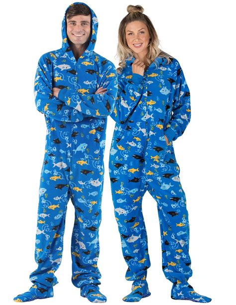 footed pajamas shark frenzy adult hoodie fleece one piece adult double xl wide fits 6 4