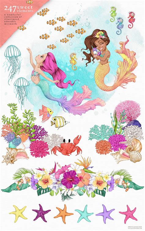 Mermaid Clip Art Whimsical Mermaids Seashell Png 150 Hand Etsy