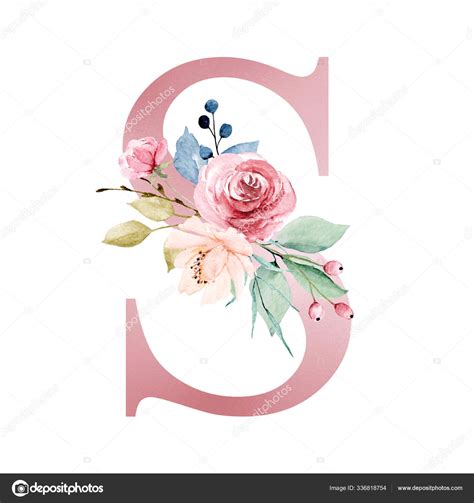 Floral Monogram Letter Watercolor Painting Flowers Leaves — 스톡 사진