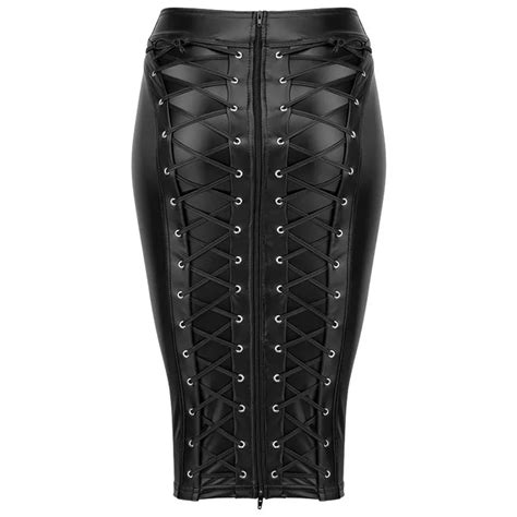 buy gothic wet look faux leather skirt sexy punk black back zipper lace up wrap