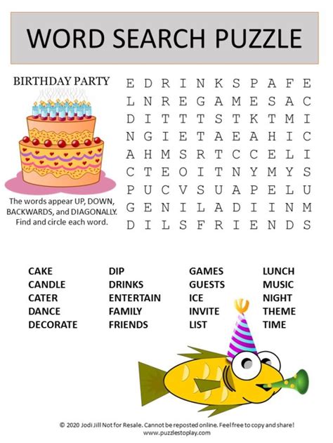 Birthday Party Word Search Puzzle Puzzles To Play