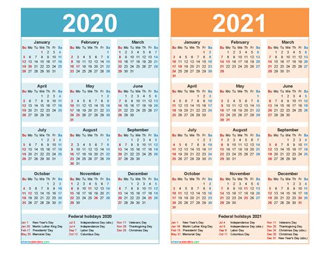 2020 And 2021 Calendar Printable With Holidays