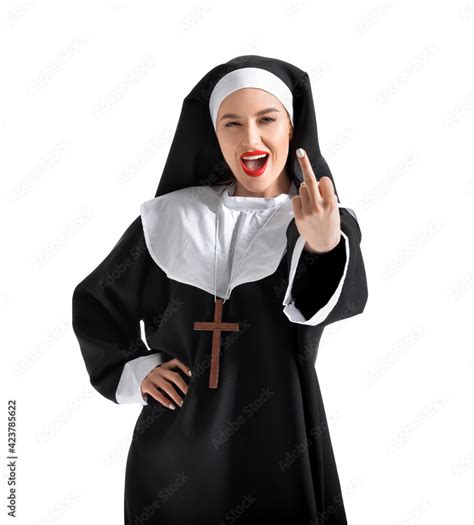 Sexy Nun Showing Middle Finger On White Background Stock Photo Adobe Stock