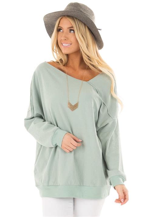 Lime Lush Boutique Mint Long Sleeve Sweater With Asymmetrical Neck