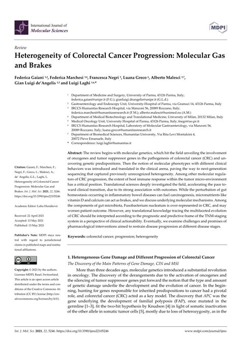 Pdf Heterogeneity Of Colorectal Cancer Progression Molecular Gas And