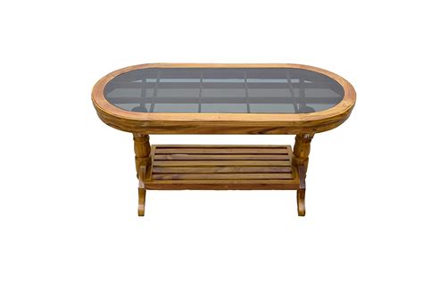 Woodteq Handmade Wooden Tea Table Coffee Table With Glass Top In Oval