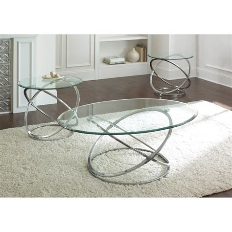 Steve Silver Orion Oval Chrome And Glass Coffee Table Set