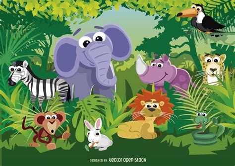 Funny Cartoon Scenery With Jungle Landscape And Animals Nice Animal