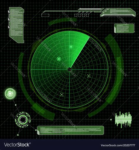 A screen on equipment used in radar , a method for detecting the position and velocity of. Military green radar screen with target Royalty Free Vector