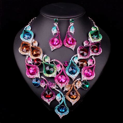 luxury multicolor crystal indian bridal jewelry set for brides gold color earrings wedding