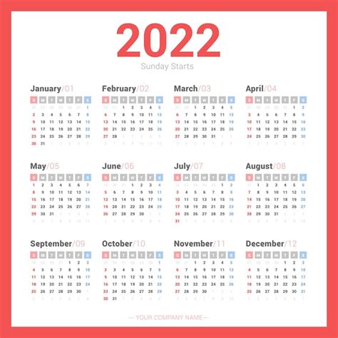 La Semana Simple Del Calendario 2022 Comienza El Domingo Vector Premium