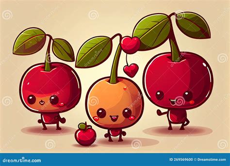 Red Cherries In Cute Chibi Cartoon Style Stock Illustration