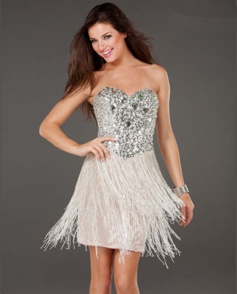 Sexy Sheath Sweetheart Short Mini Silver Sequins Fringe Cocktail Dress