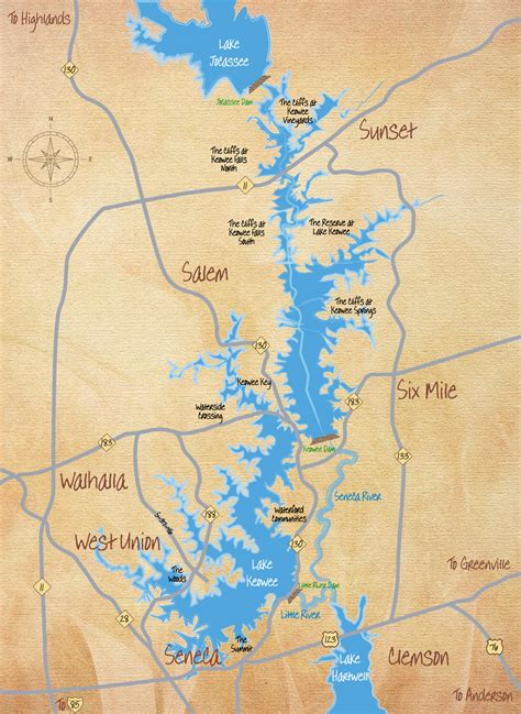 It is approximately 26 miles (42 km) long, 3 miles (4.8 km) wide, with an average depth of 54 feet (16 m). Lake Keowee Area Map - Jocassee Real Estate