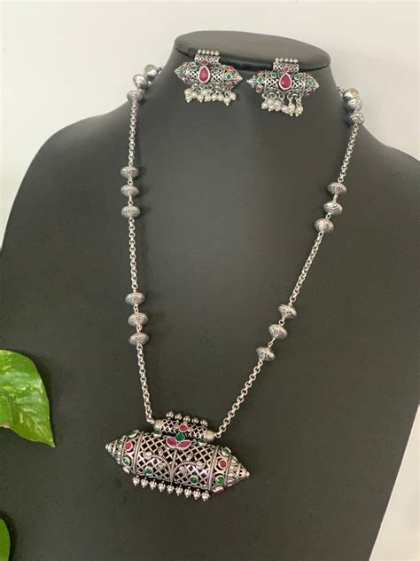 Oxidized Silver Pendant Set Bollywood Jewelry Indian Wedding Etsy