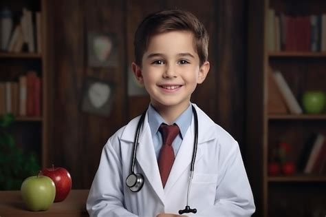 Premium Ai Image Cute Boy Wear Medical Uniform Holding Stethoscope