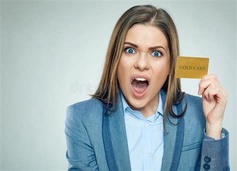 Angry Business Woman Close Up Face Portrait With Credit Card Stock