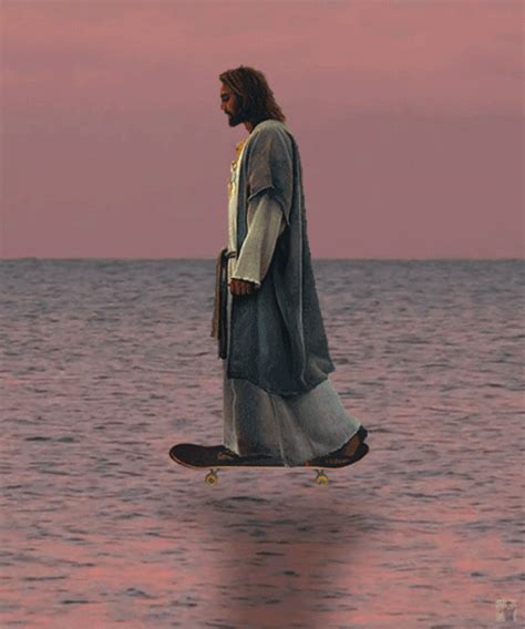 Jesus Walking Across The Water On A Skateboard In Front Of A Pink Sky With Clouds