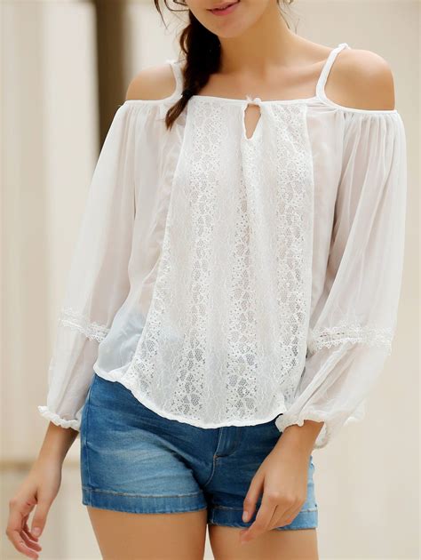 62 Off Sexy Spaghetti Strap White Off The Shoulder Long Sleeve Blouse For Women Rosegal