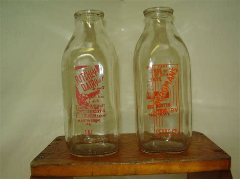 Vintage Glass One Quart Dairy Milk Bottles Set Of Two