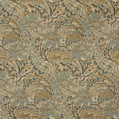 Tan Beige Brown And Teal Paisley Woven Outdoor Upholstery Fabric By