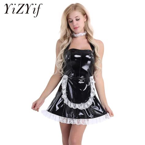 Mens Wetlook Leather French Maid Fancy Costume Servant Cosplay Uniform Outfits Specialty