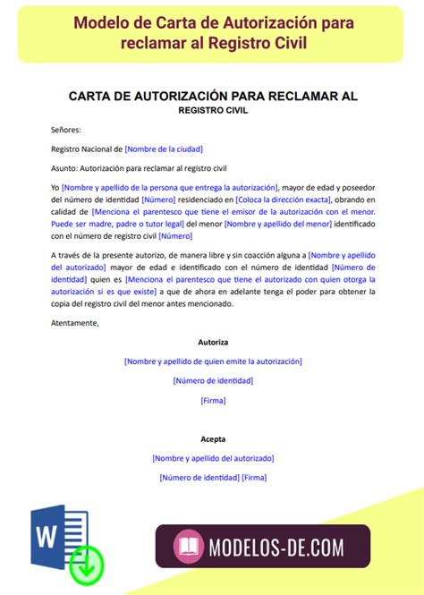 Carta de Autorización para reclamar al Registro civil