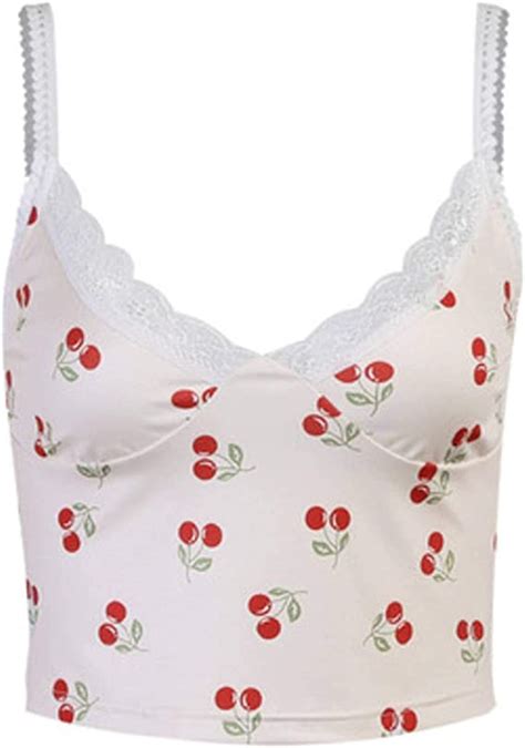 Womens Tank Top Cherry Print Lace Trim Camisole Sexy Crop Top V Neck