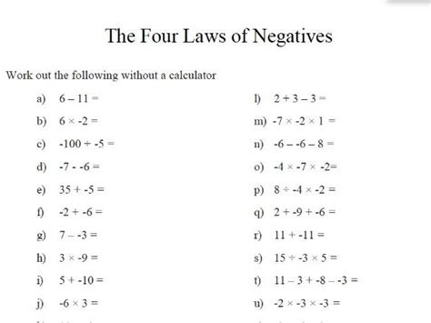 Gcse Maths Worksheets Negative Numbers