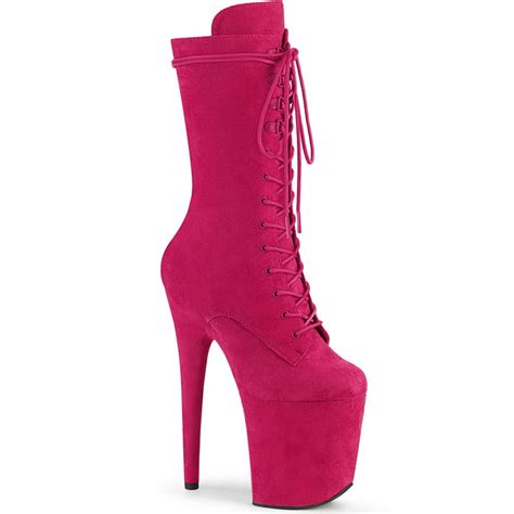 8 heel hot pink faux suede platform lace up front mid calf boots spicy lingerie