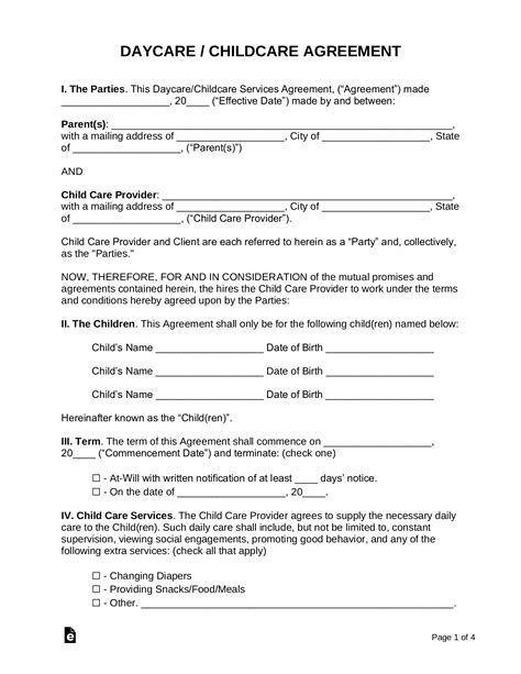 Free Daycare Child Care Contract Template Word Pdf Eforms