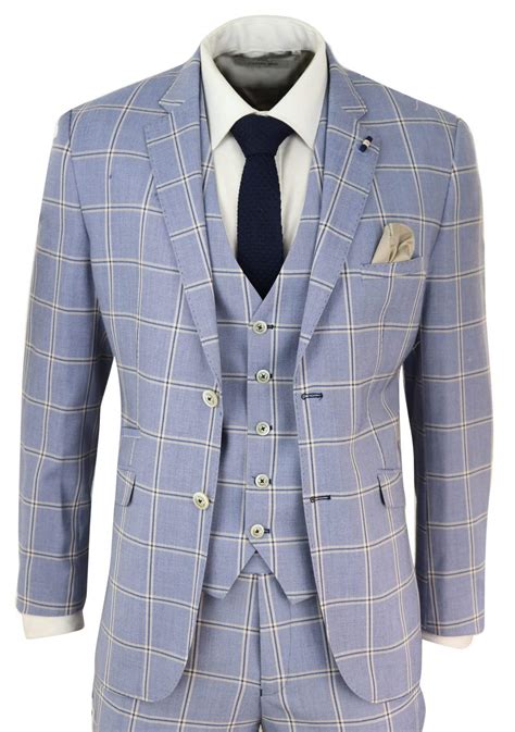 Mens 3 Piece Light Blue Check Suit Buy Online Happy Gentleman