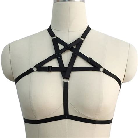 Womens Day Black Body Harness Sexy Lingerie Spandex Harajuku Pastel Gothic Pentagram Cage Bra