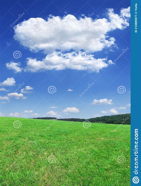 Idyllic View Green Field And Blue Sky With White Clouds Stock Image