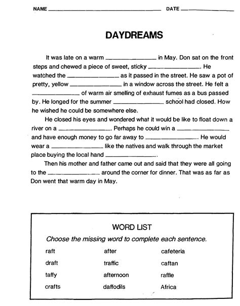 Cloze Reading Comprehension Worksheets
