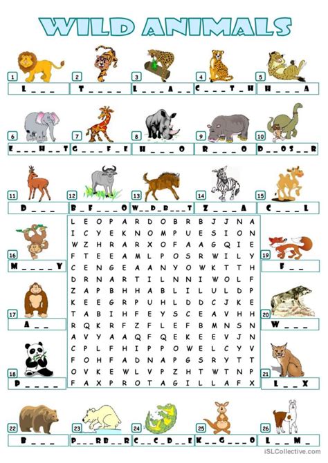 Wild Animals Wordsearch Wor English Esl Worksheets Pdf And Doc