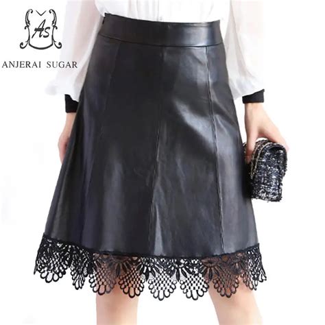 2017 Real Sheepskin Genuine Leather Skirts Women Black Sexy Bow Split Joint Lace Slim Package