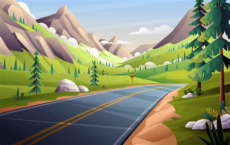 Mountain Road Landscape Illustration Highway In Valley Through Meadow