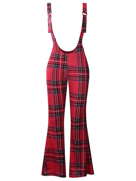 Women Plaid Bib Bell Bottom Overalls