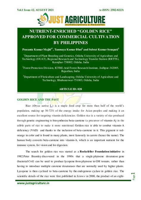 Pdf Nutrient Enriched Golden Rice Approved For Commercial Cultivation By Philippines