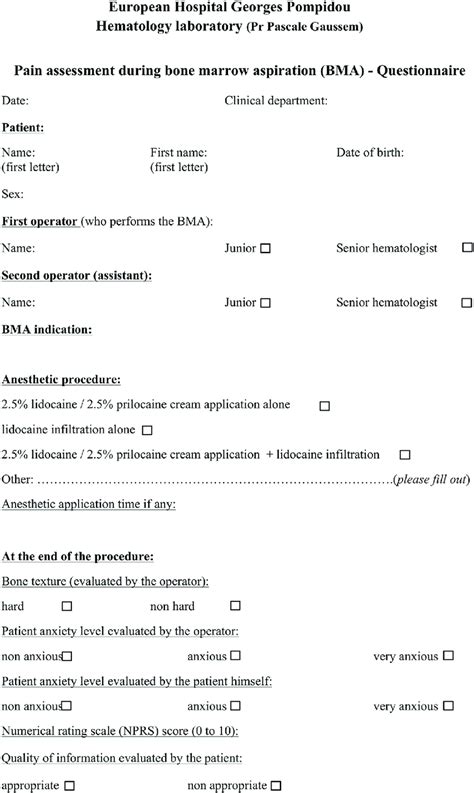 Questionnaire On Pain Assessment During Bone Marrow Aspiration Bma