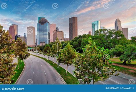 Downtown Houston Skyline In Texas Usa At Sunset Editorial Photo Image