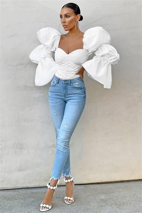 White Exaggerated Puff Long Sleeve Ruched Bodysuit In 2021 Fashion Outfits Cute Casual