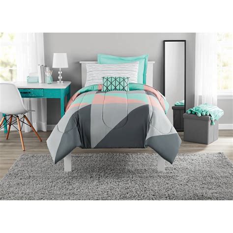 Mainstays Gray And Teal Geometric 6 Piece Bed In A Bag With Sheets